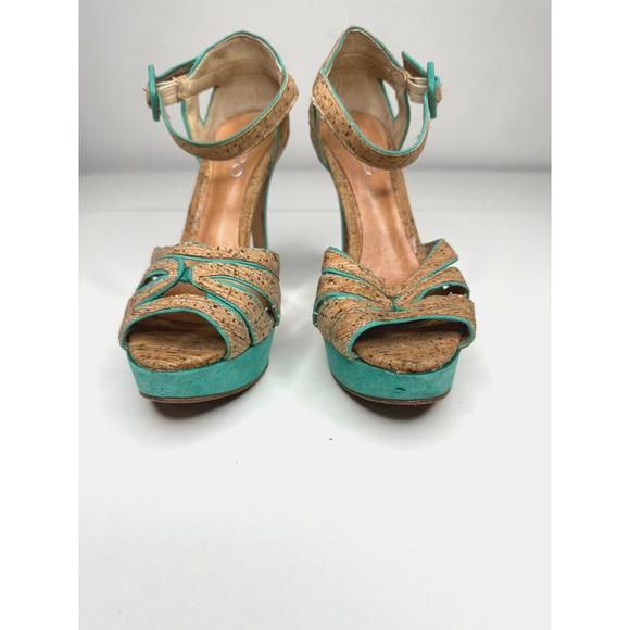 Aldo Platform Turquoise Suede & Tan Cork Stiletto Heel Ankle Strap Sandal 5.5 - Picture 4 of 16